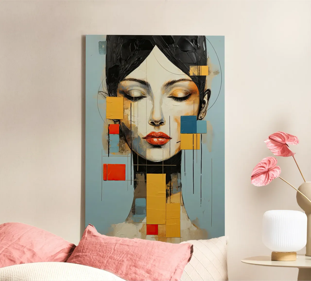 Abstract gezicht canvas met Baklijst van Imagine