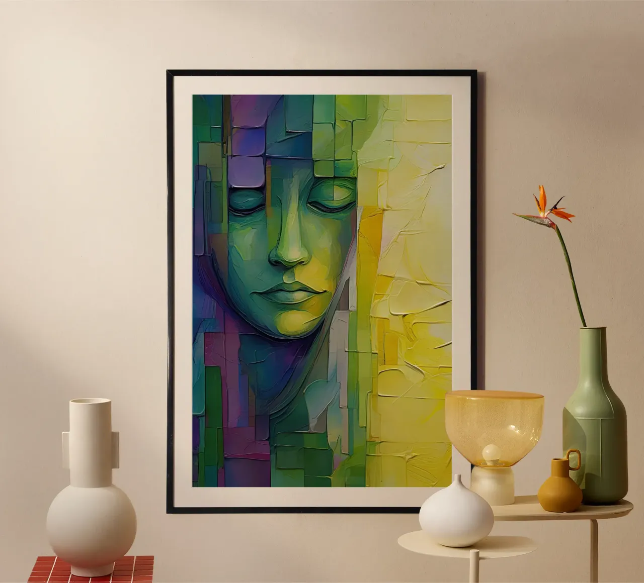 Volto astratto con verde e viola poster con telaio in plastica da Imagine