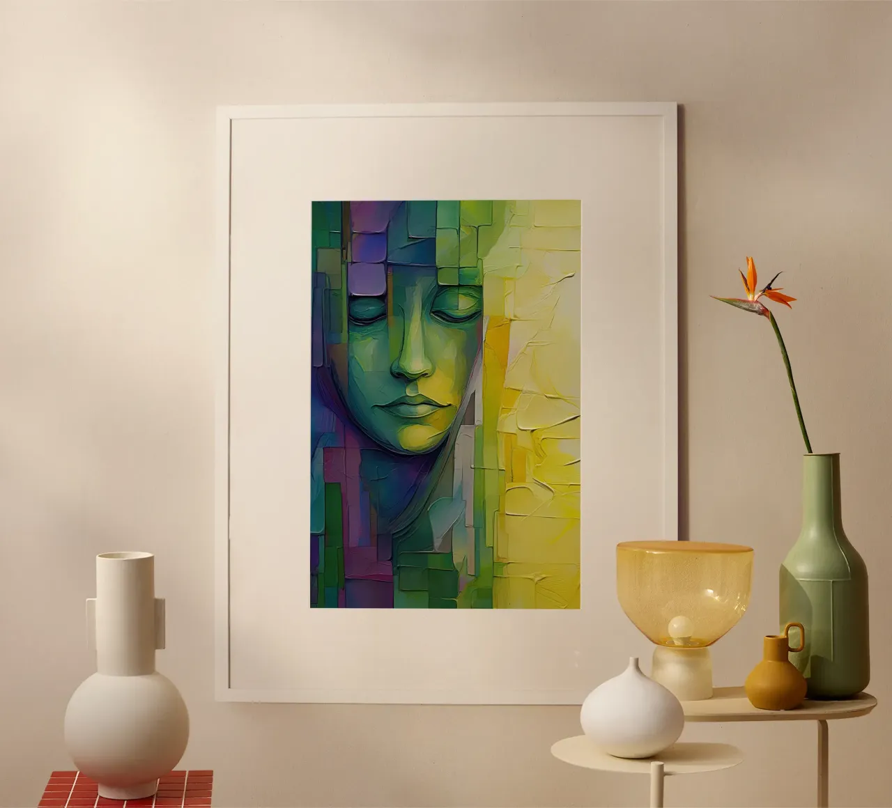 Volto astratto con verde e viola poster con telaio in plastica da Imagine