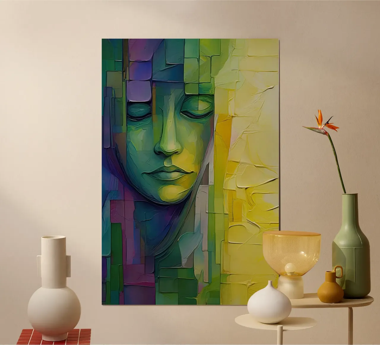 Volto astratto con verde e viola poster con telaio in plastica da Imagine