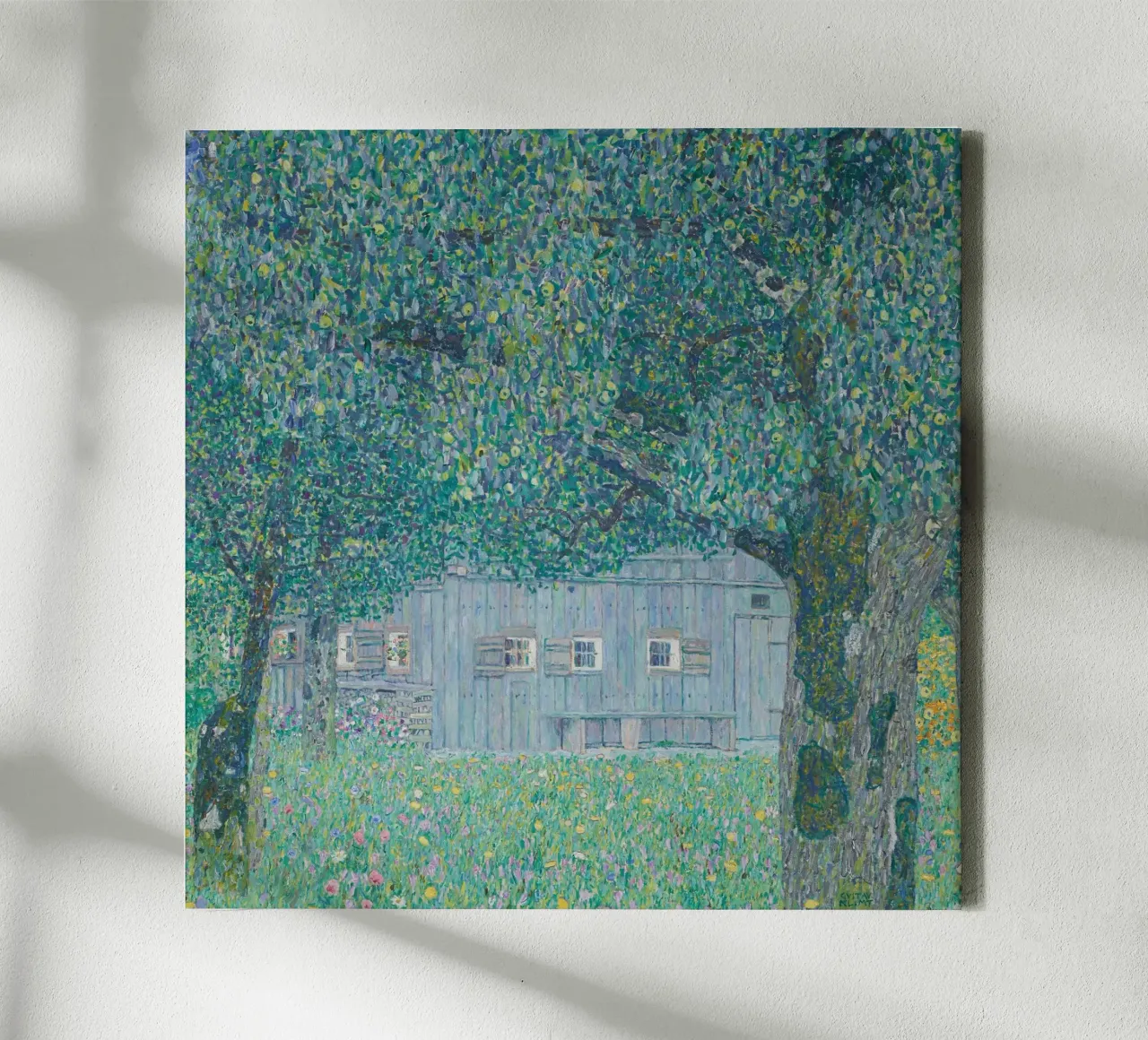 Klimt's "Farmhouse in Buchberg" - Pointillist, Nature, Austr canvas with Floater frame by ClubArt