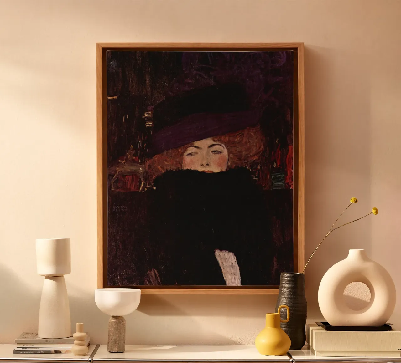 Klimt's "Lady with Hat & Feather Boa" - Modernist, Portraitu canvas with Floater frame by ClubArt