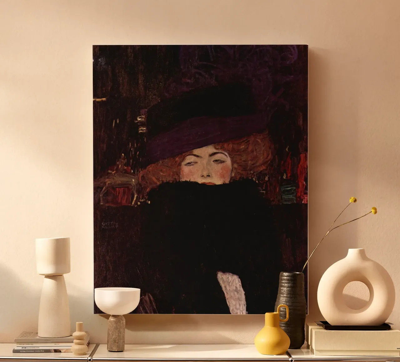 Klimt's "Lady with Hat & Feather Boa" - Modernist, Portraitu canvas with Floater frame by ClubArt