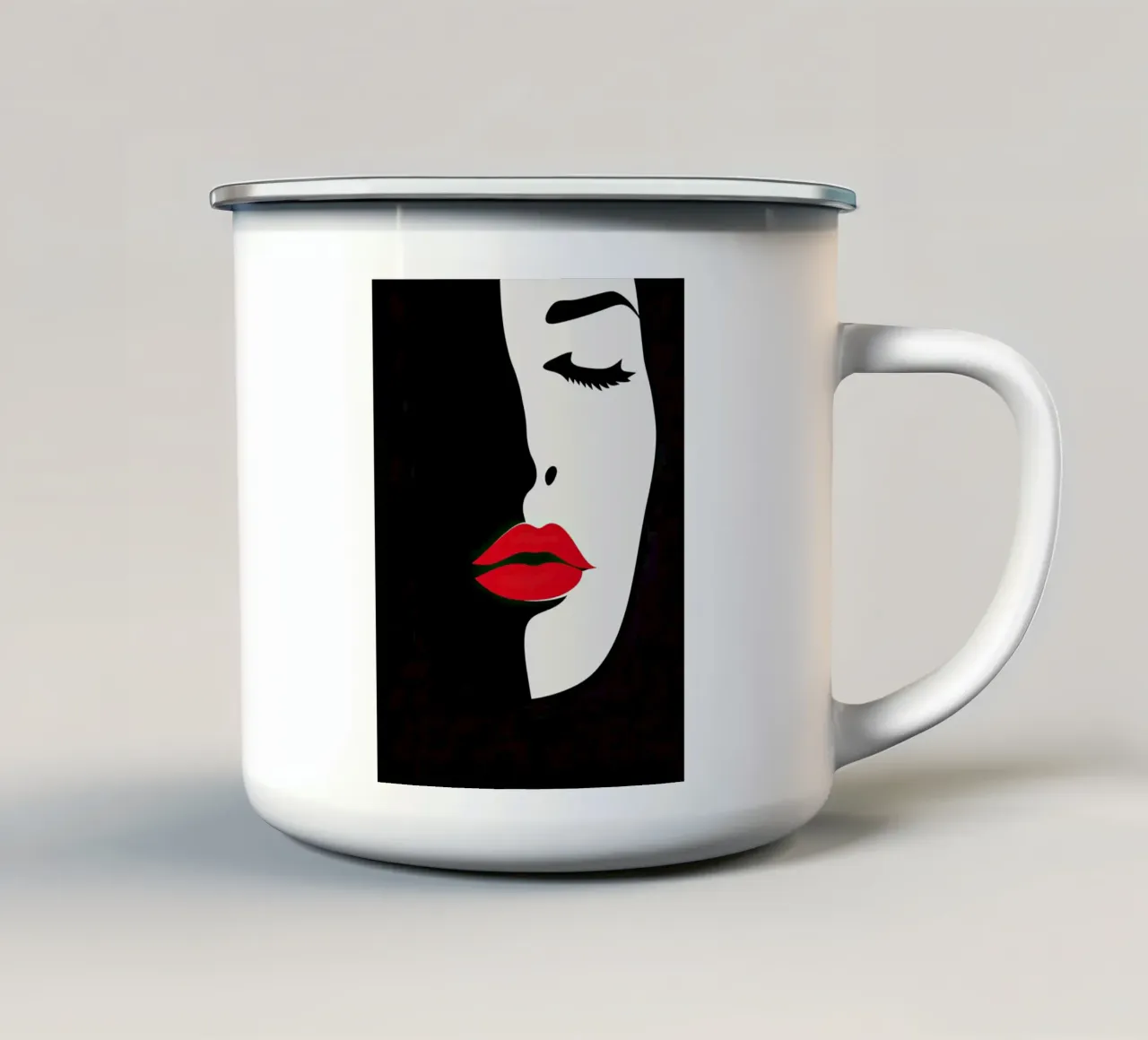 Abstract vrouwengezicht in wit, zwart en rood emaille mok van Imagine