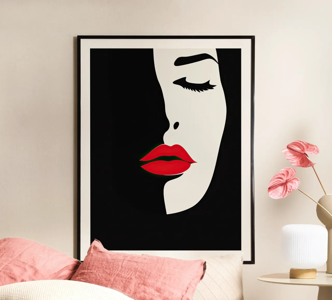 Abstract vrouwengezicht in wit, zwart en rood poster met houten frame van Imagine