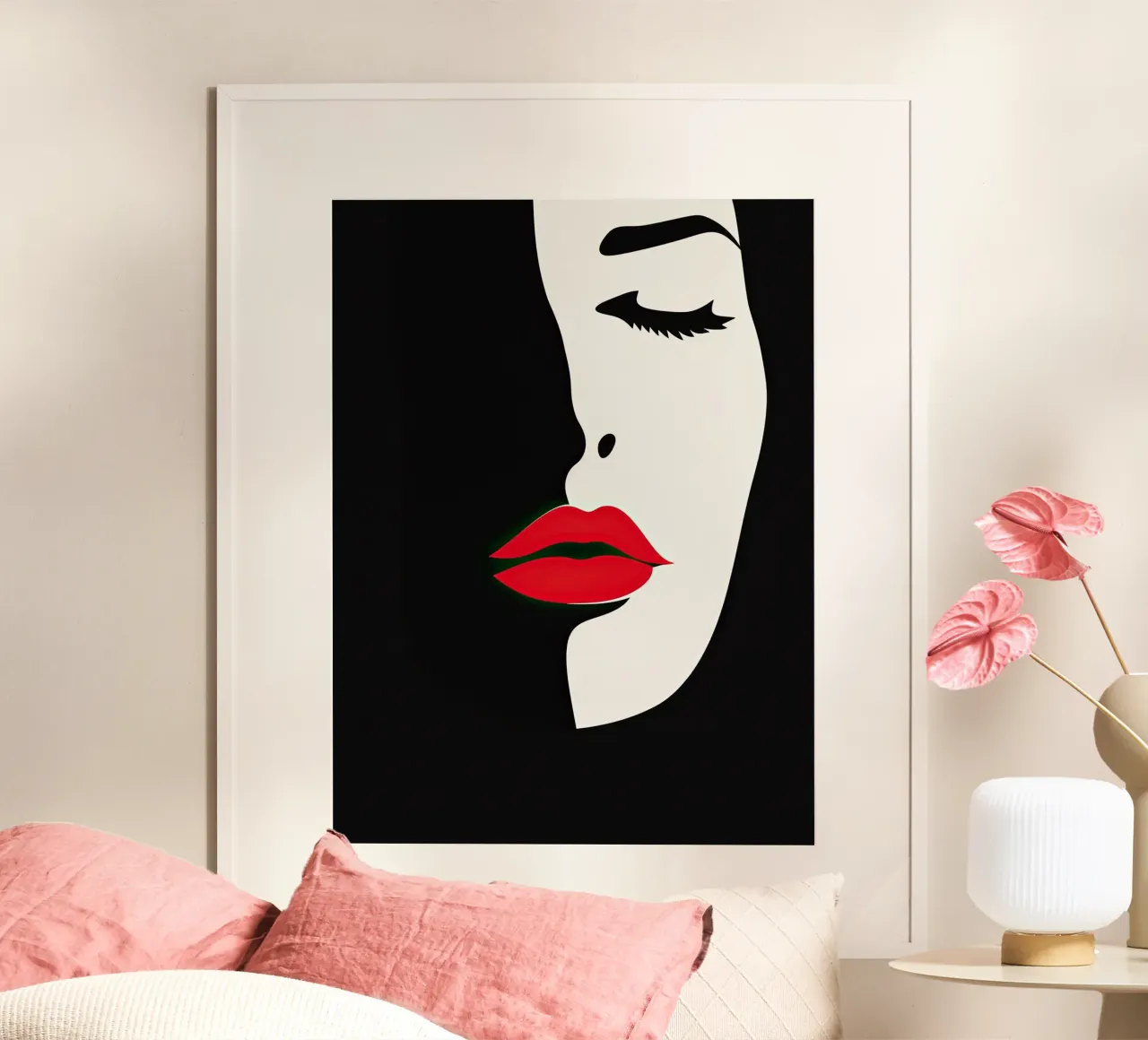 Abstract vrouwengezicht in wit, zwart en rood poster met houten frame van Imagine