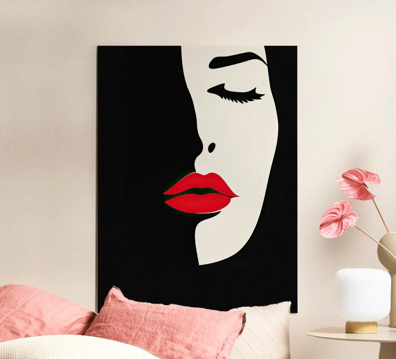 Abstract vrouwengezicht in wit, zwart en rood poster met houten frame van Imagine