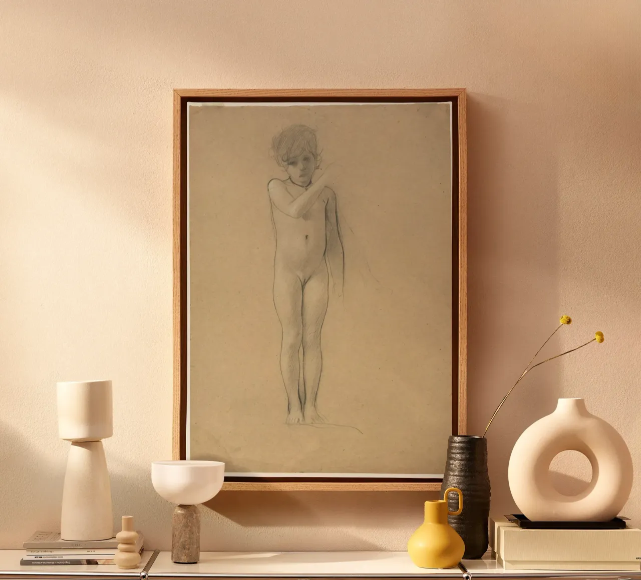 Klimts "Stehendes Nde Kind" - Figurative Zeichnung, Expressi Leinwand mit Schattenfugenrahmen von ClubArt