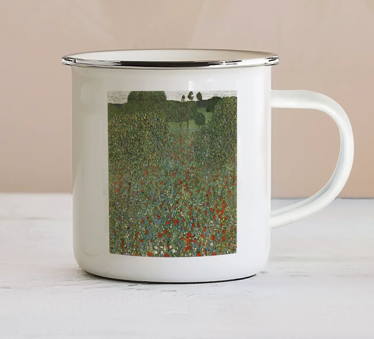 Klimts "Klaprozenveld" - pointillistische, bloemrijke, levendige weide emaille mok van ClubArt