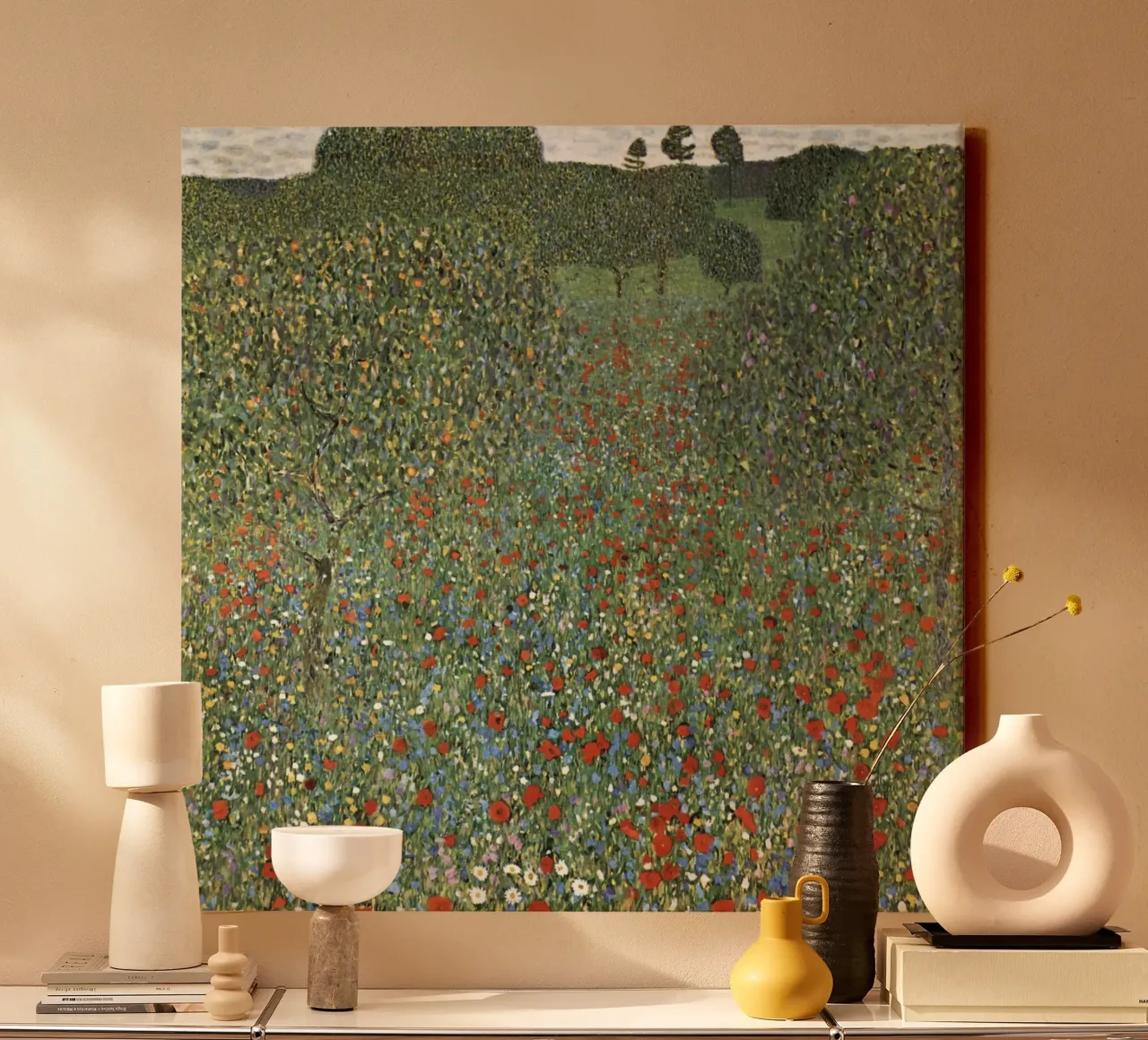 Klimts "Klaprozenveld" - pointillistische, bloemrijke, levendige weide canvas van ClubArt