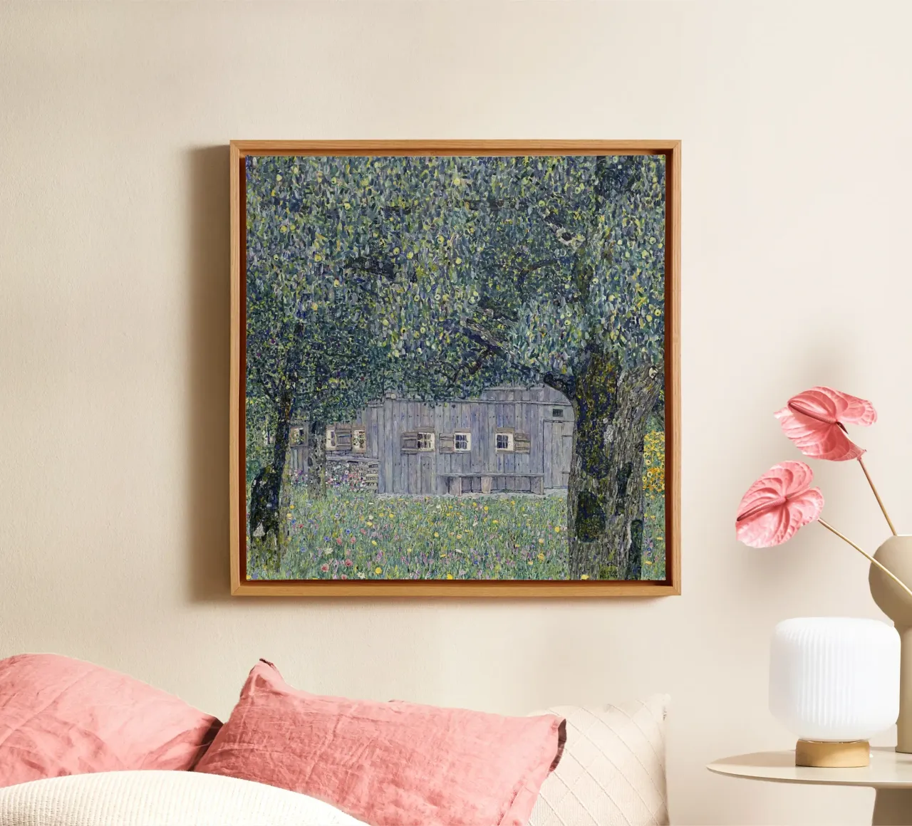 Klimt's "Farmhouse in Buchberg" - Pointillist, Nature, Austr canvas with Floater frame by ClubArt