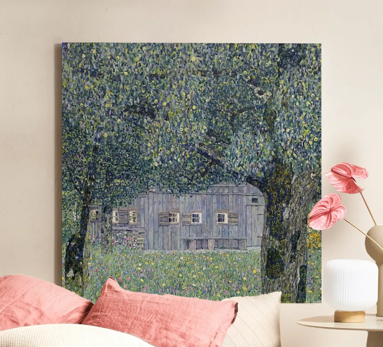 Klimt's "Farmhouse in Buchberg" - Pointillist, Nature, Austr canvas with Floater frame by ClubArt