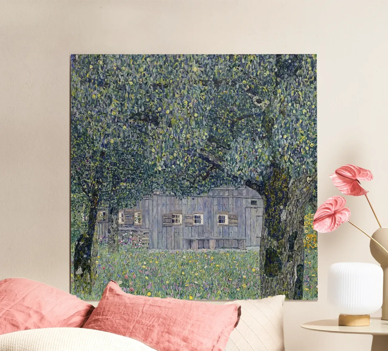 Klimt's "Farmhouse in Buchberg" - Pointillist, Nature, Austr poster by ClubArt