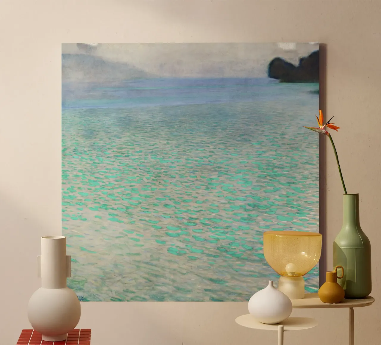 Klimts "Attersee" - Modernistisch meer, impressionisme, abstract canvas met Baklijst van ClubArt