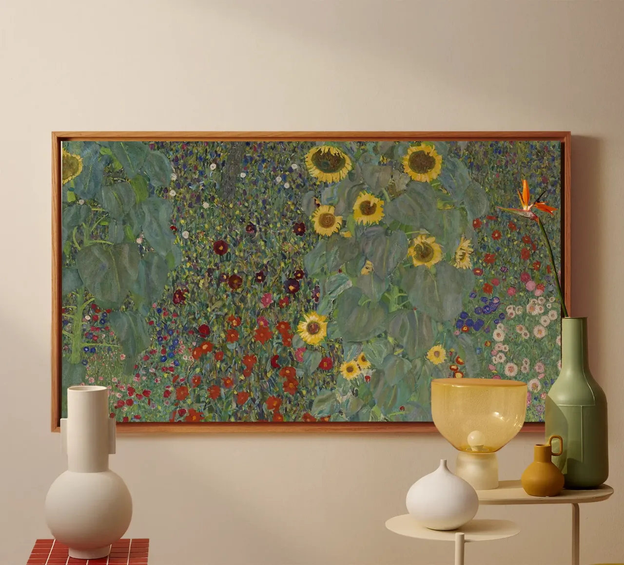 Klimts "Boerderijtuin met zonnebloemen" - pointillistisch, floraal, canvas met Baklijst van ClubArt