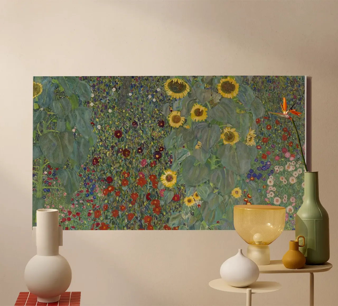 Klimts "Boerderijtuin met zonnebloemen" - pointillistisch, floraal, canvas met Baklijst van ClubArt