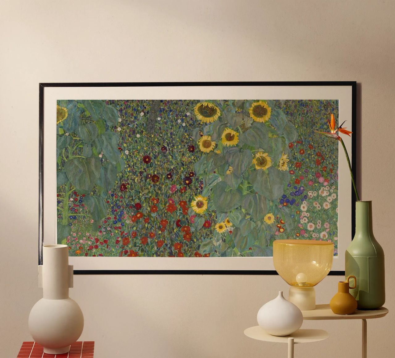Jardin de ferme avec tournesols" de Klimt - Pointilliste, floral, poster de ClubArt