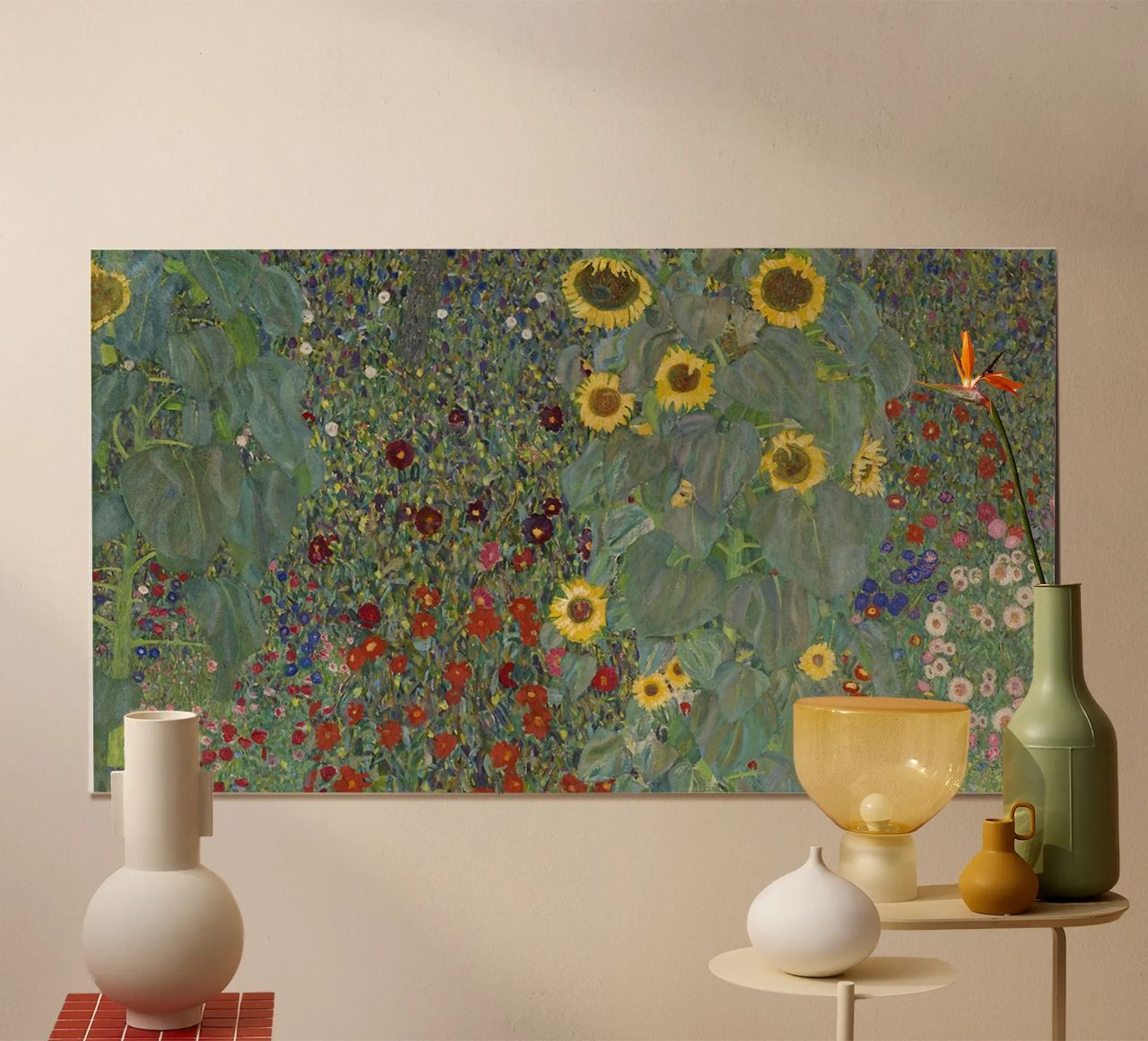 Jardin de ferme avec tournesols" de Klimt - Pointilliste, floral, poster de ClubArt