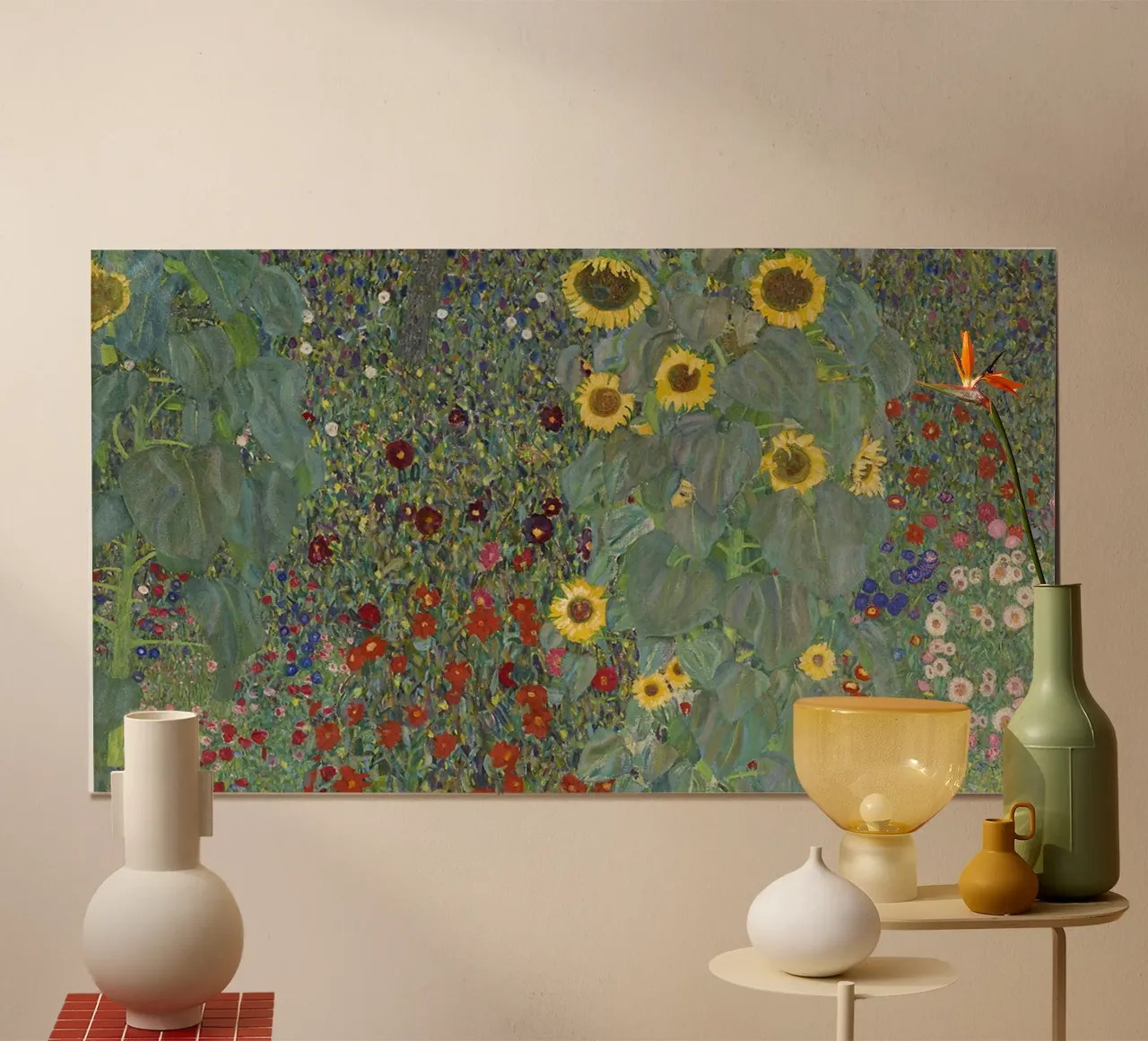 "Giardino della fattoria con girasoli" di Klimt - Puntinista, floreale, poster da ClubArt