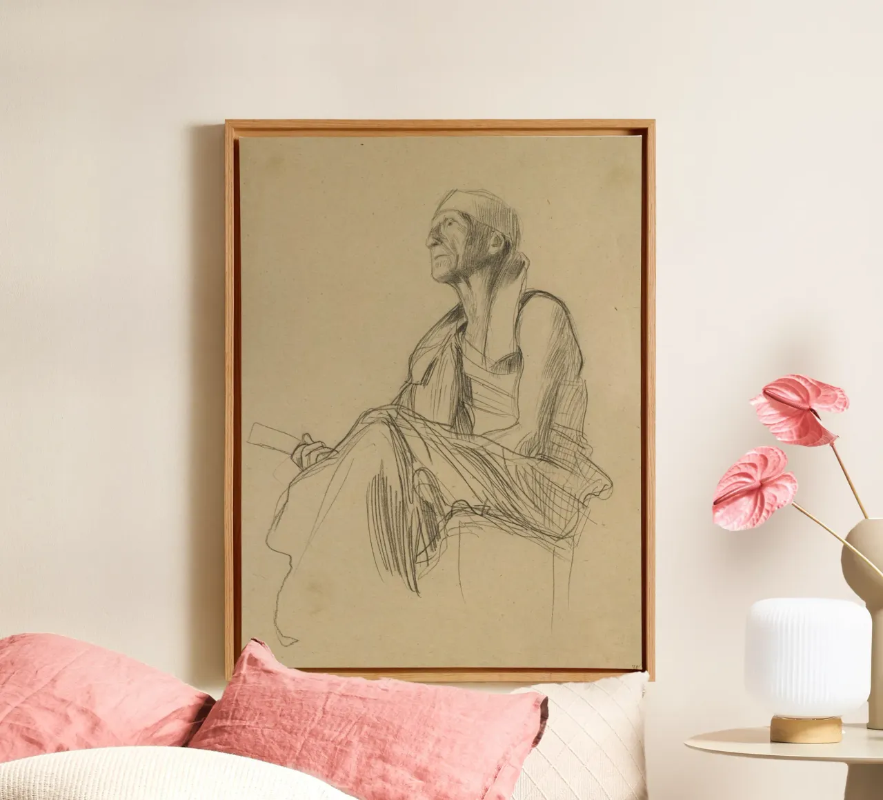 Klimts "Sitzender Mann" - Figurative Zeichnung, expressive Studie Leinwand mit Schattenfugenrahmen von ClubArt