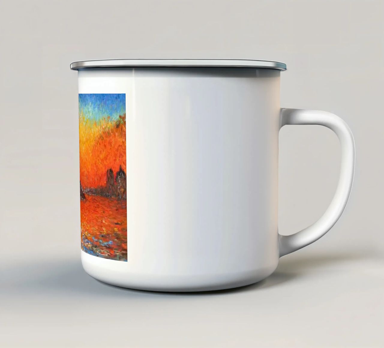 uitzicht mercusuar zonsondergang avond claude monet emaille mok van belong shop