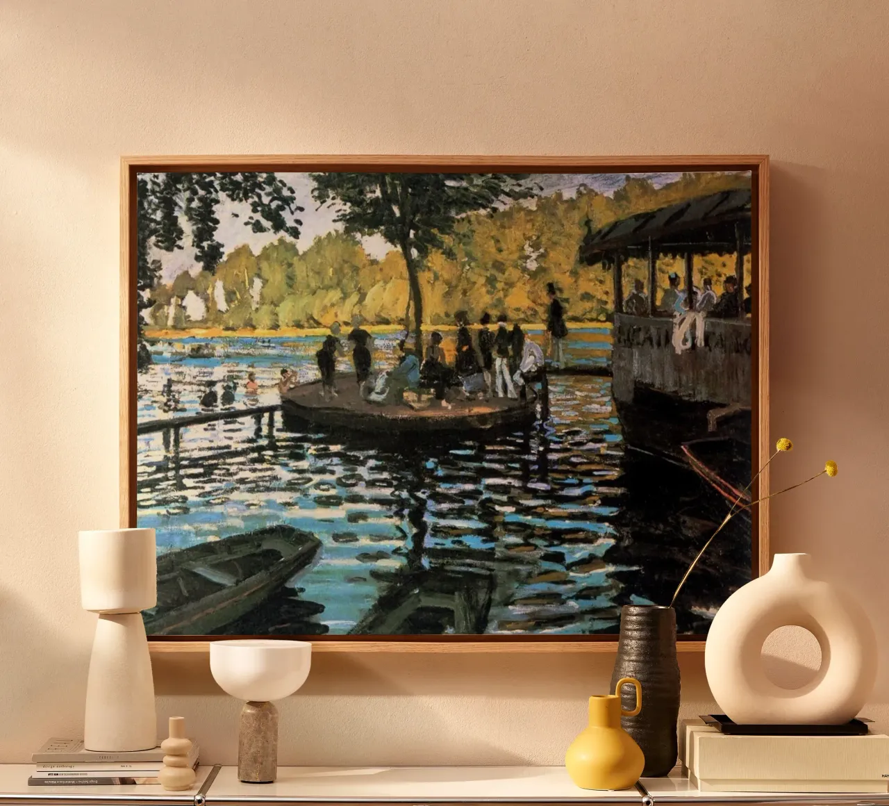 incontro sociale riflessione in riva al lago claude monet tela con Cornice a cassetta da belong shop
