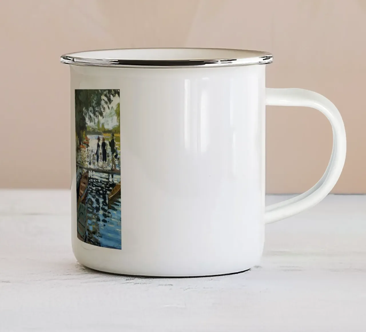 tussenstop per boot aan de oevers van de Claude Monet emaille mok van belong shop