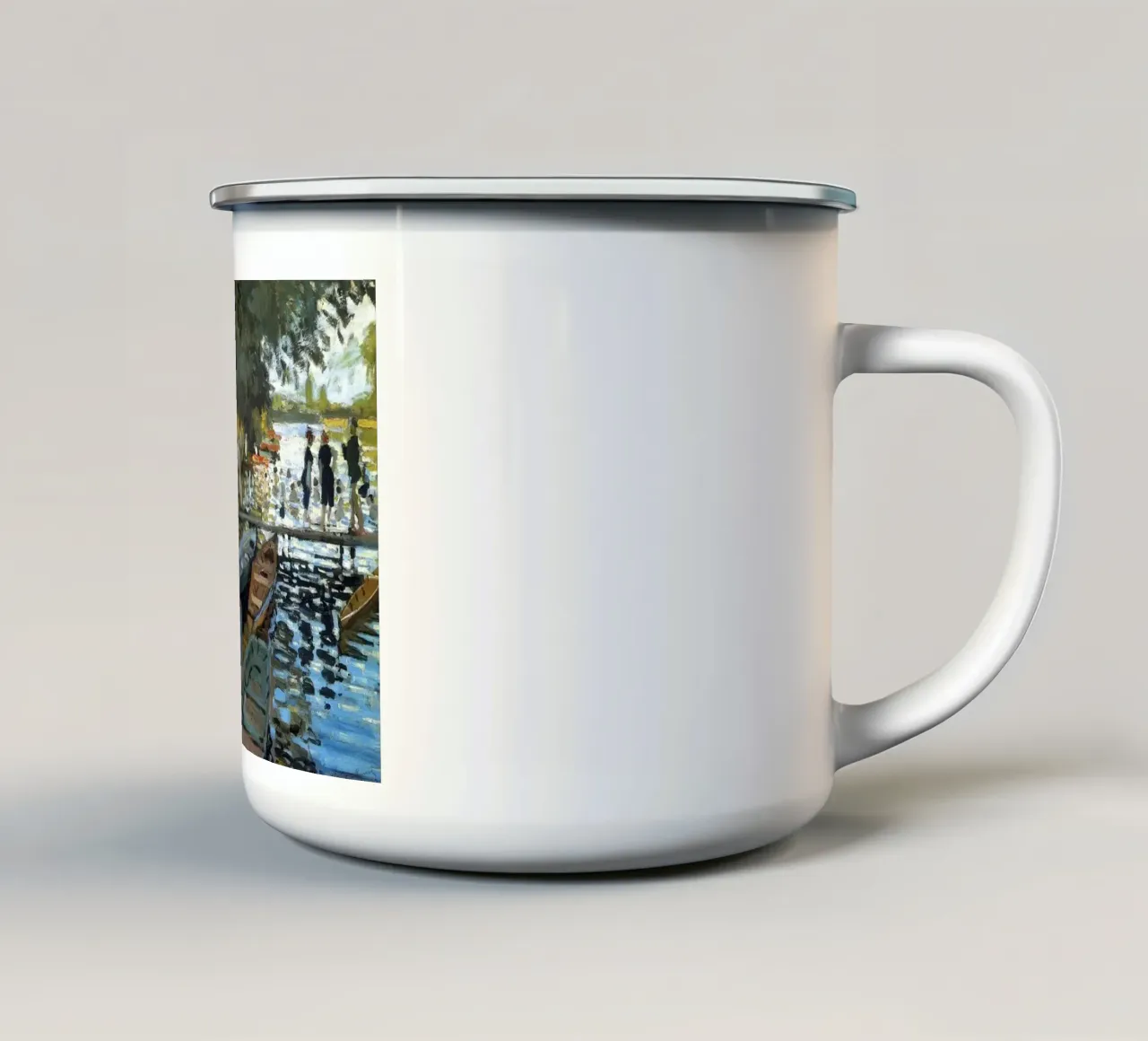 tussenstop per boot aan de oevers van de Claude Monet emaille mok van belong shop