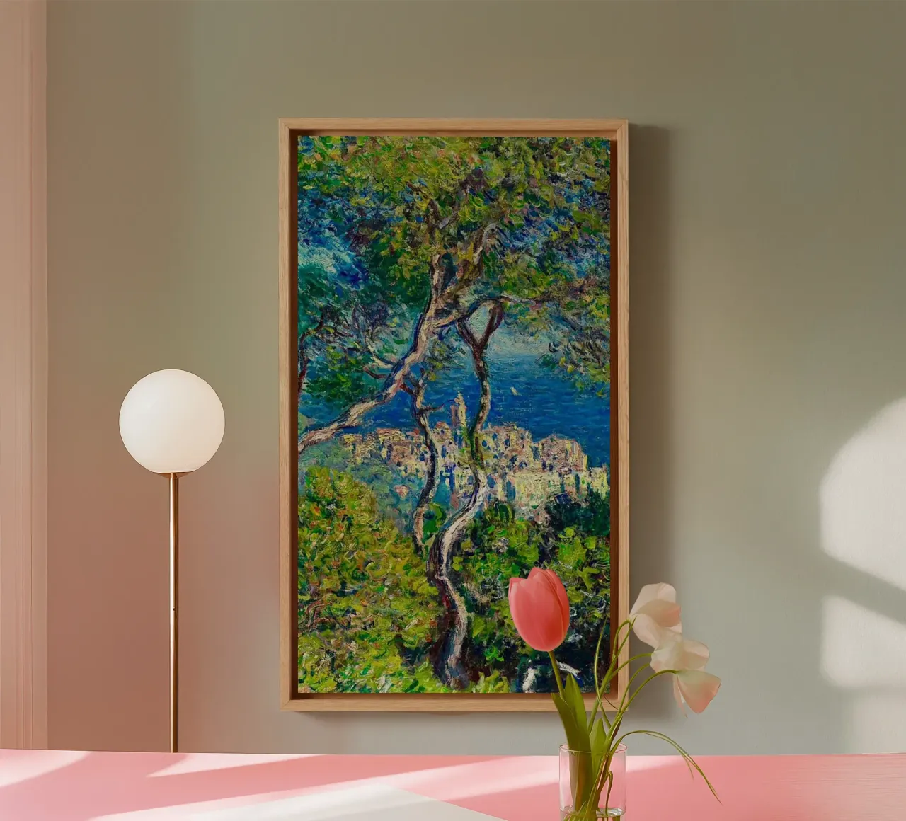 Veduta di edifici di un villaggio in riva al mare di Claude Monet tela con Cornice a cassetta da belong shop