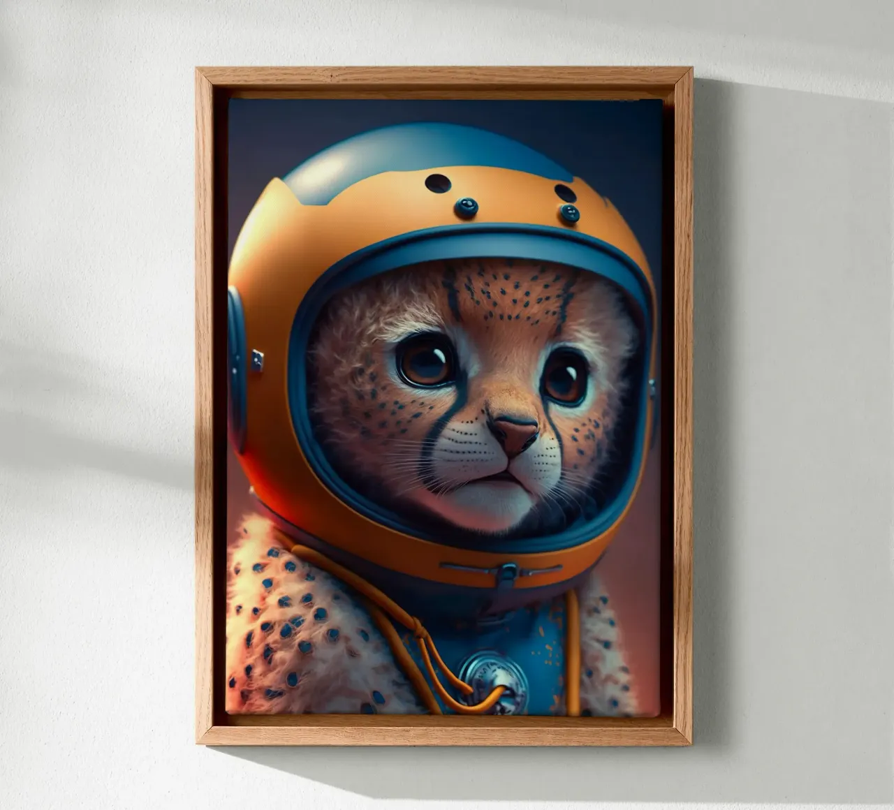 ghepardo casco tuta spaziale animale gattino grandi occhi carino spazio f tela con Cornice a cassetta da minerva santiago