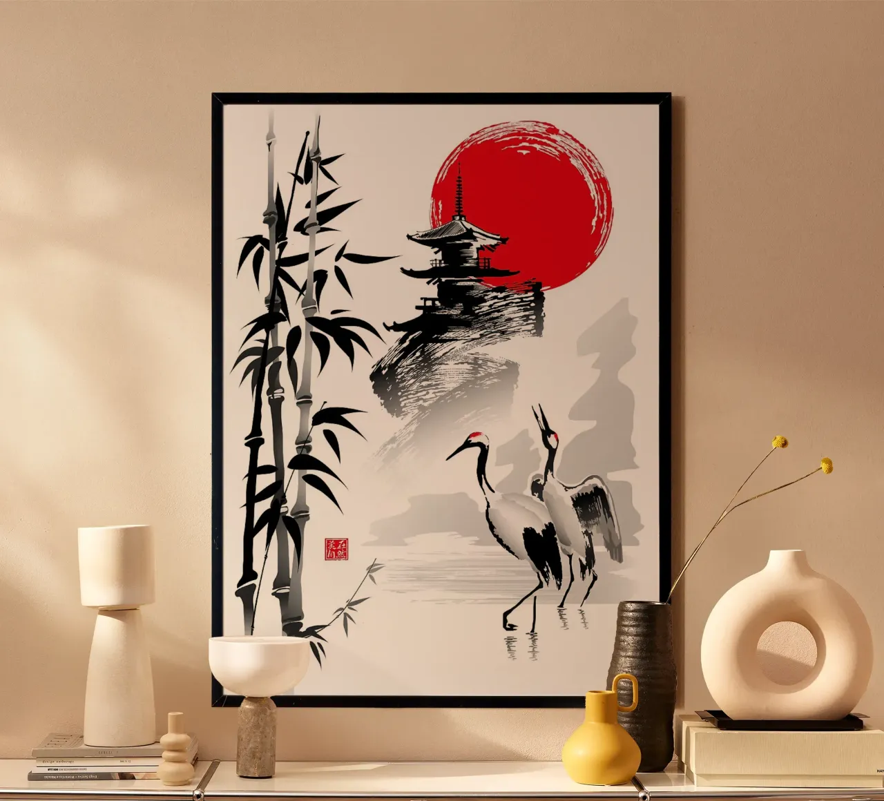 bambù sole tempio gru acqua riflessione cielo natura poster con telaio in alluminio da minerva santiago