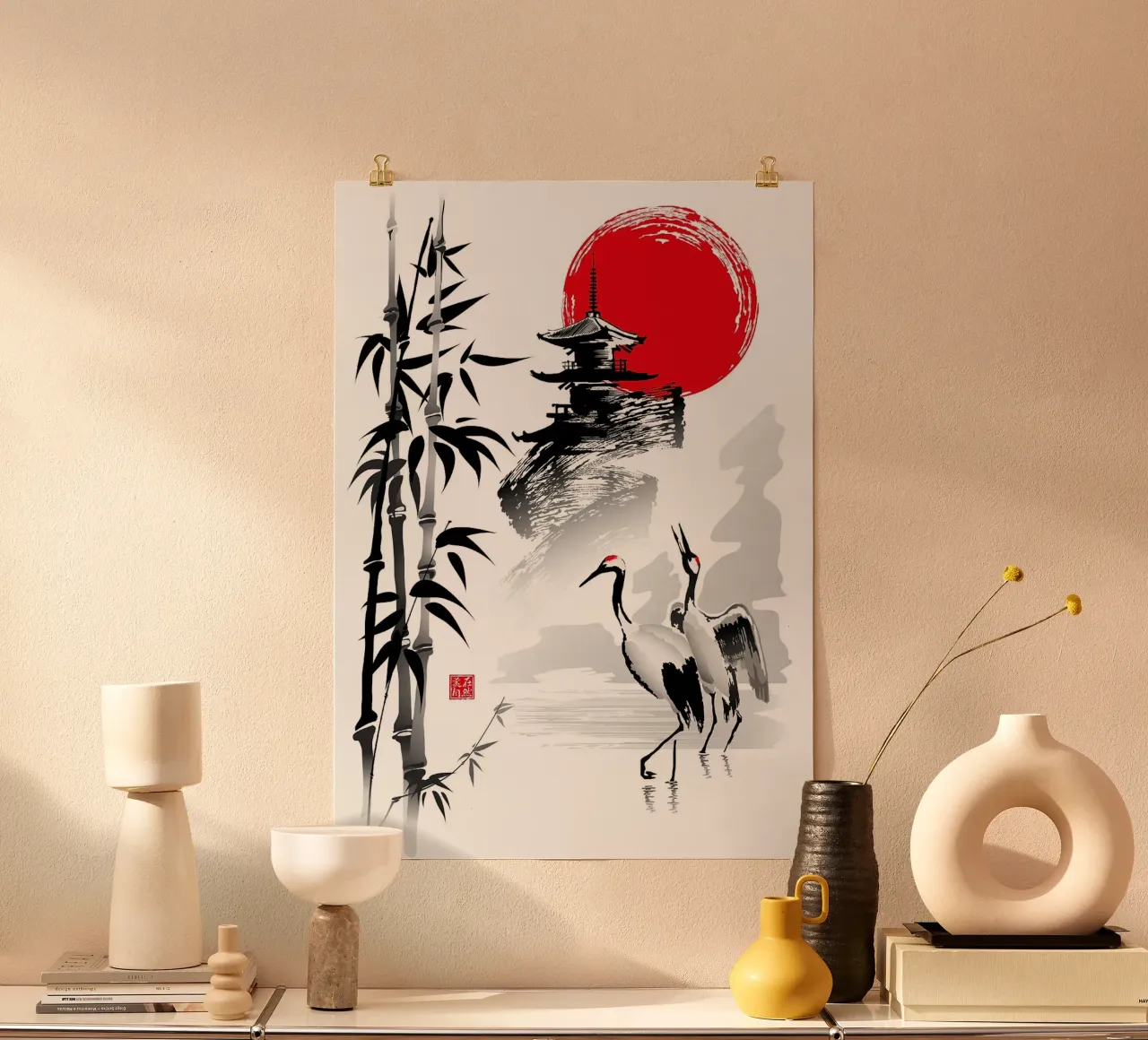 bambù sole tempio gru acqua riflessione cielo natura poster con telaio in alluminio da minerva santiago