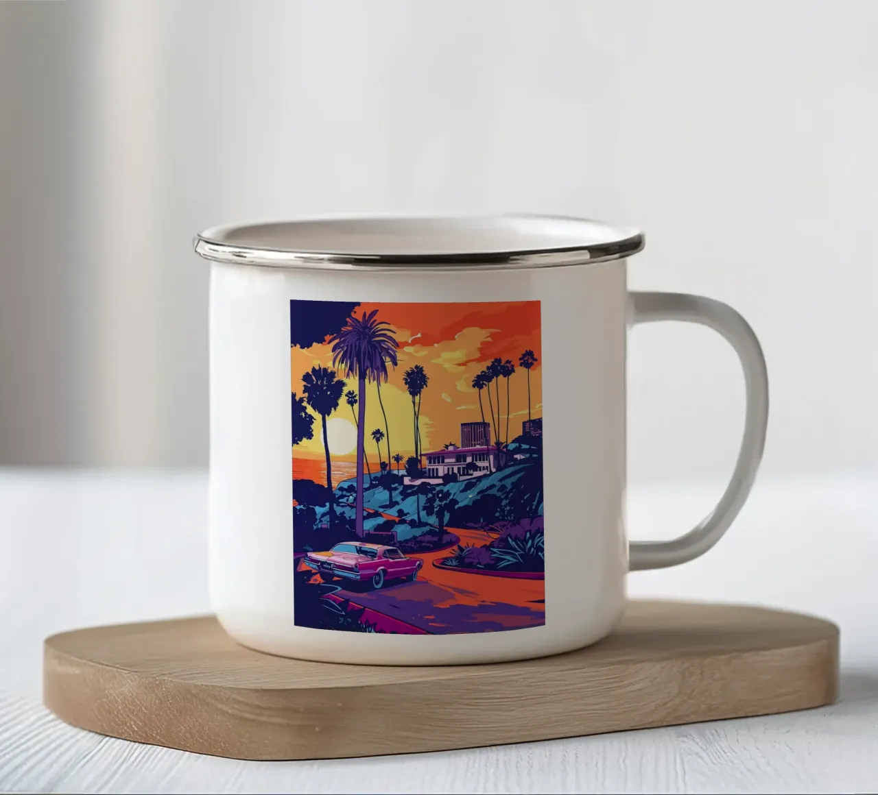sunset ocean car palm trees beachfront road landscape buildi enamel mug by minerva santiago