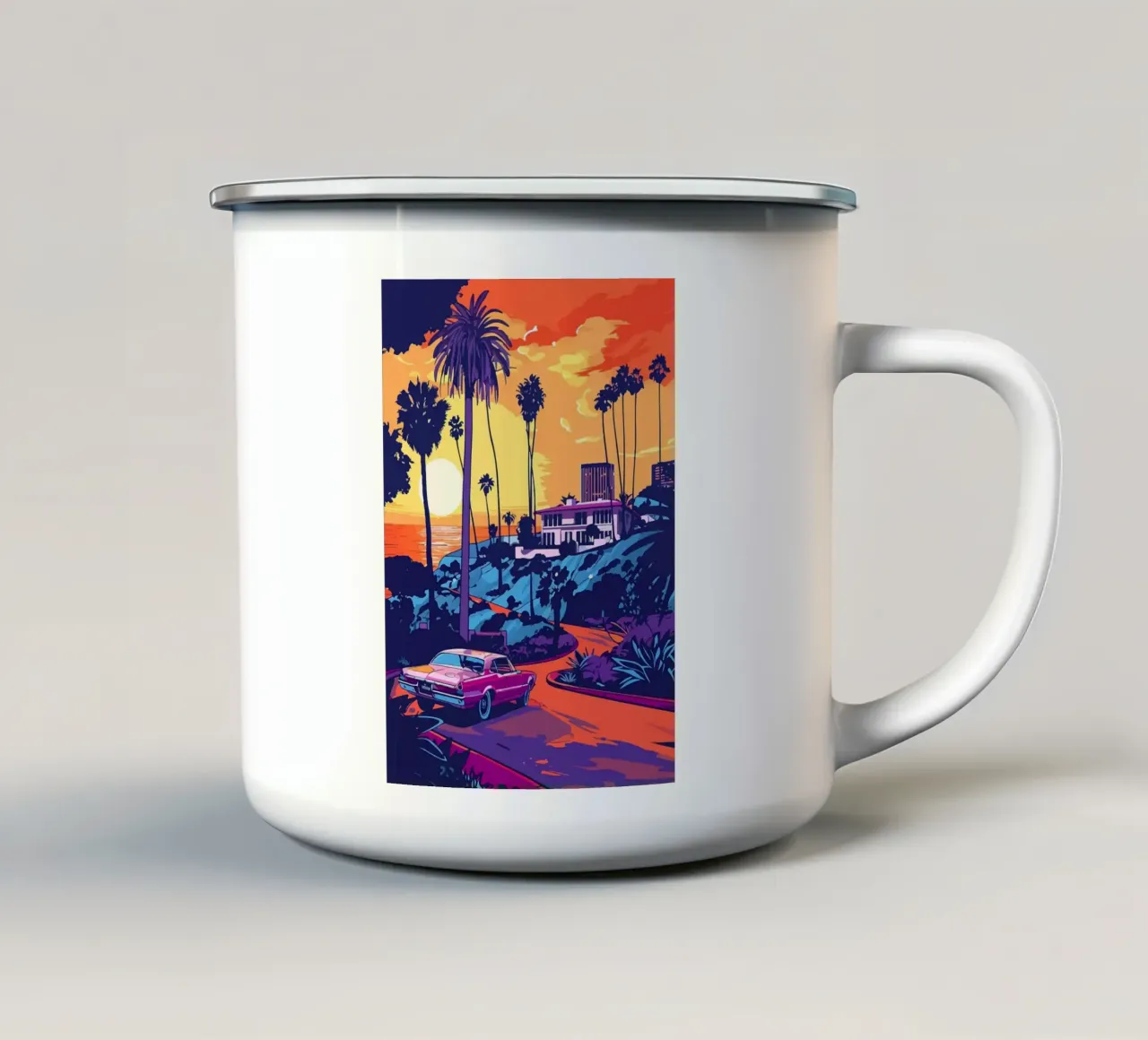 sunset ocean car palm trees beachfront road landscape buildi enamel mug by minerva santiago