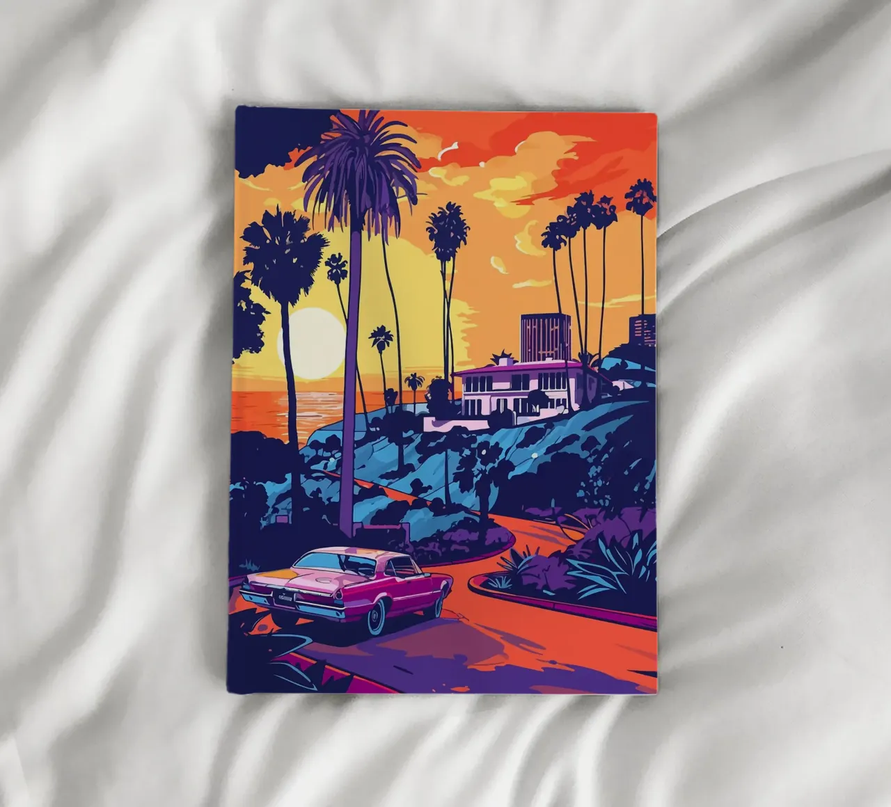 sunset ocean car palm trees beachfront road landscape buildi notebook by minerva santiago