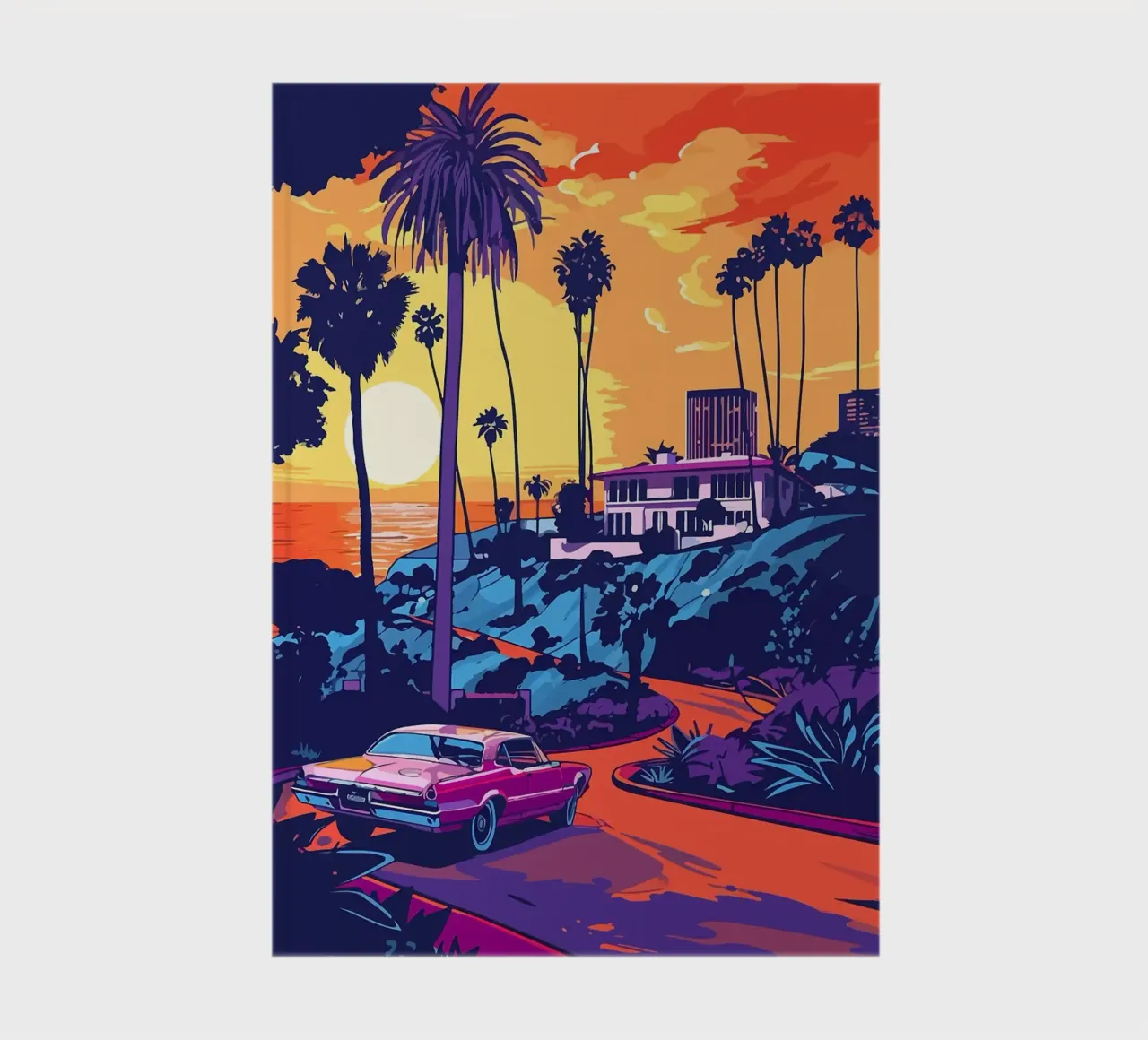 sunset ocean car palm trees beachfront road landscape buildi notebook by minerva santiago
