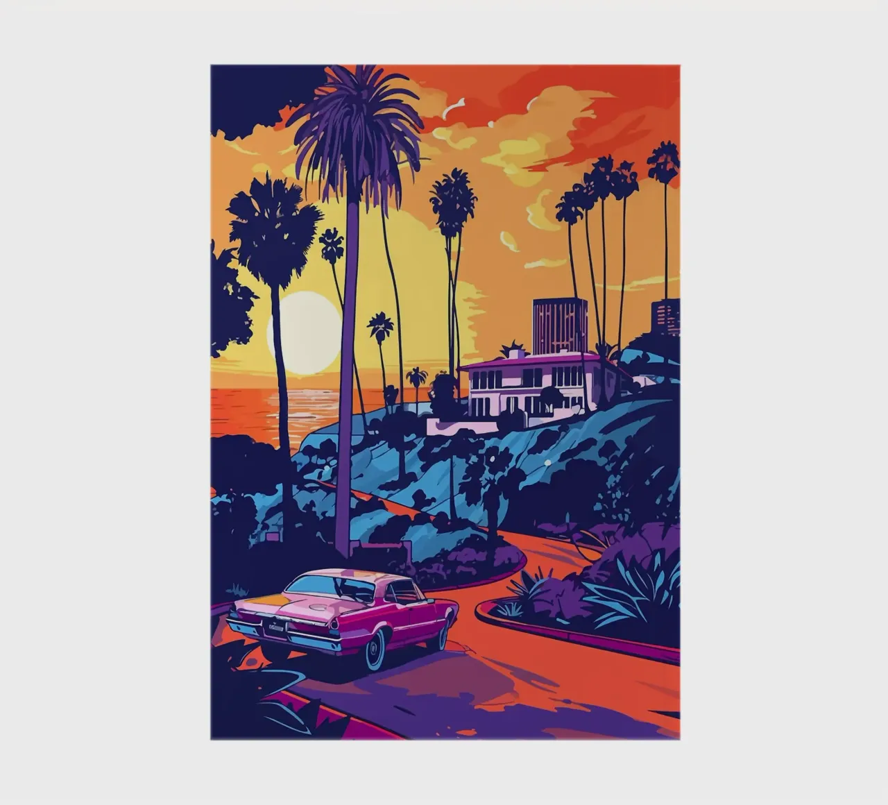 sunset ocean car palm trees beachfront road landscape buildi notebook by minerva santiago