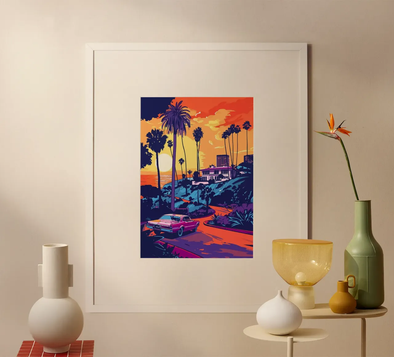 tramonto oceano auto palme strada fronte mare paesaggio costruzione poster con telaio in alluminio da minerva santiago