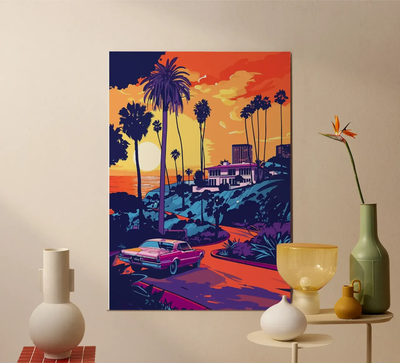 tramonto oceano auto palme strada fronte mare paesaggio costruzione poster con telaio in alluminio da minerva santiago