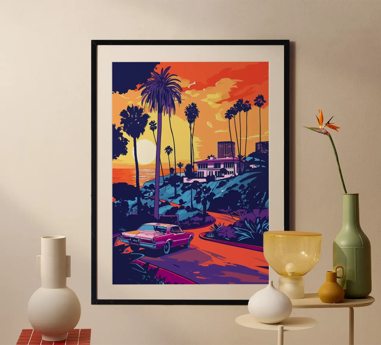 tramonto oceano auto palme strada fronte mare paesaggio costruzione poster con telaio in alluminio da minerva santiago