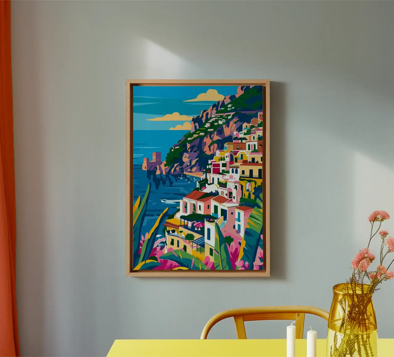 kustplaats kleurrijke gebouwen klif zee boten gebladerte canvas met Baklijst van minerva santiago