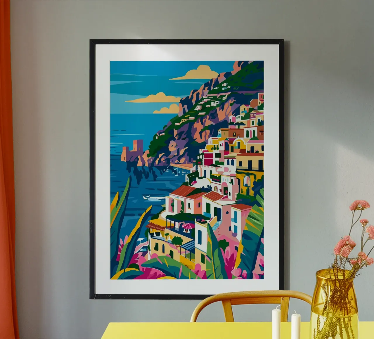kustplaats kleurrijke gebouwen klif zee boten gebladerte poster met aluminium frame van minerva santiago