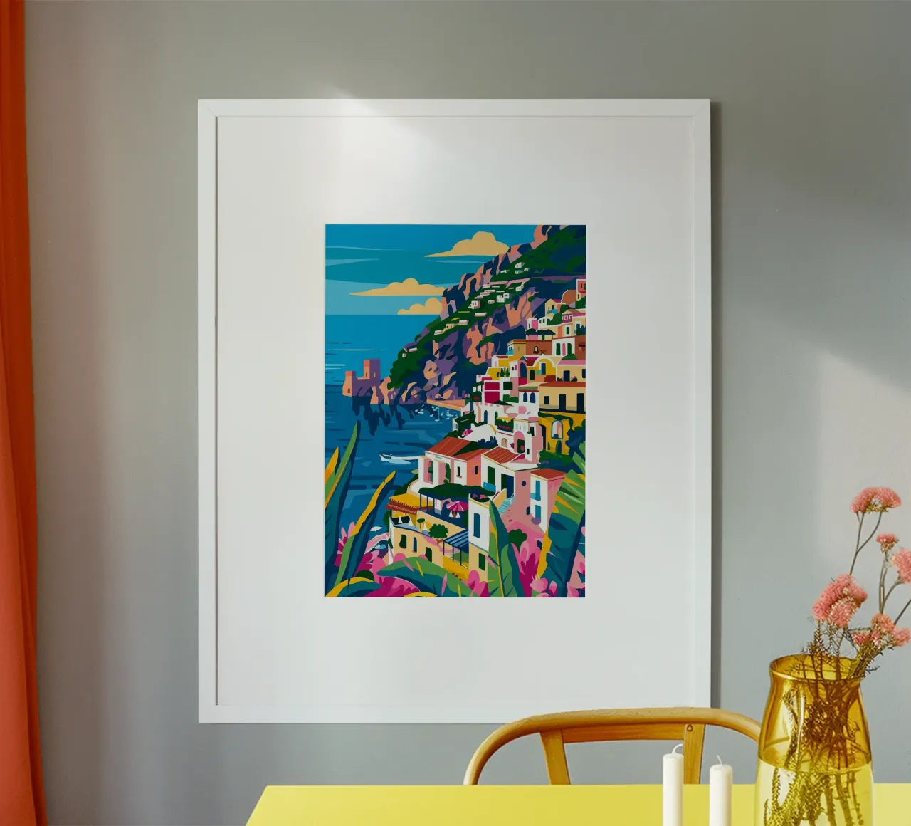 kustplaats kleurrijke gebouwen klif zee boten gebladerte poster met aluminium frame van minerva santiago
