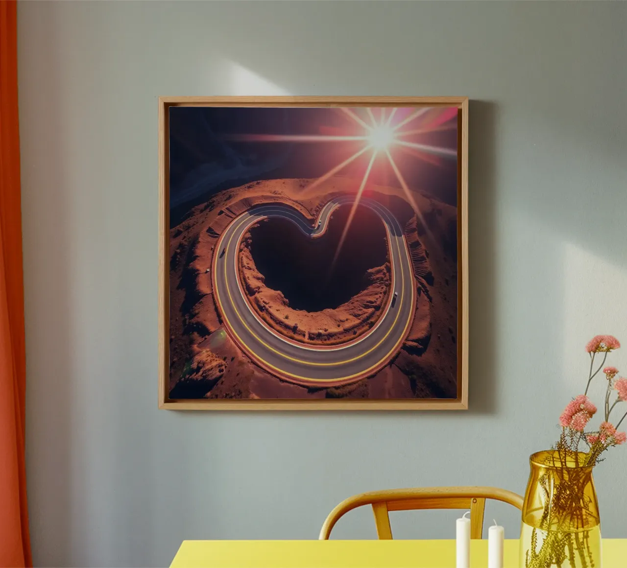Strada panoramica e tortuosa a forma di cuore sotto un sole splendente tela con Cornice a cassetta da DesignDoodle