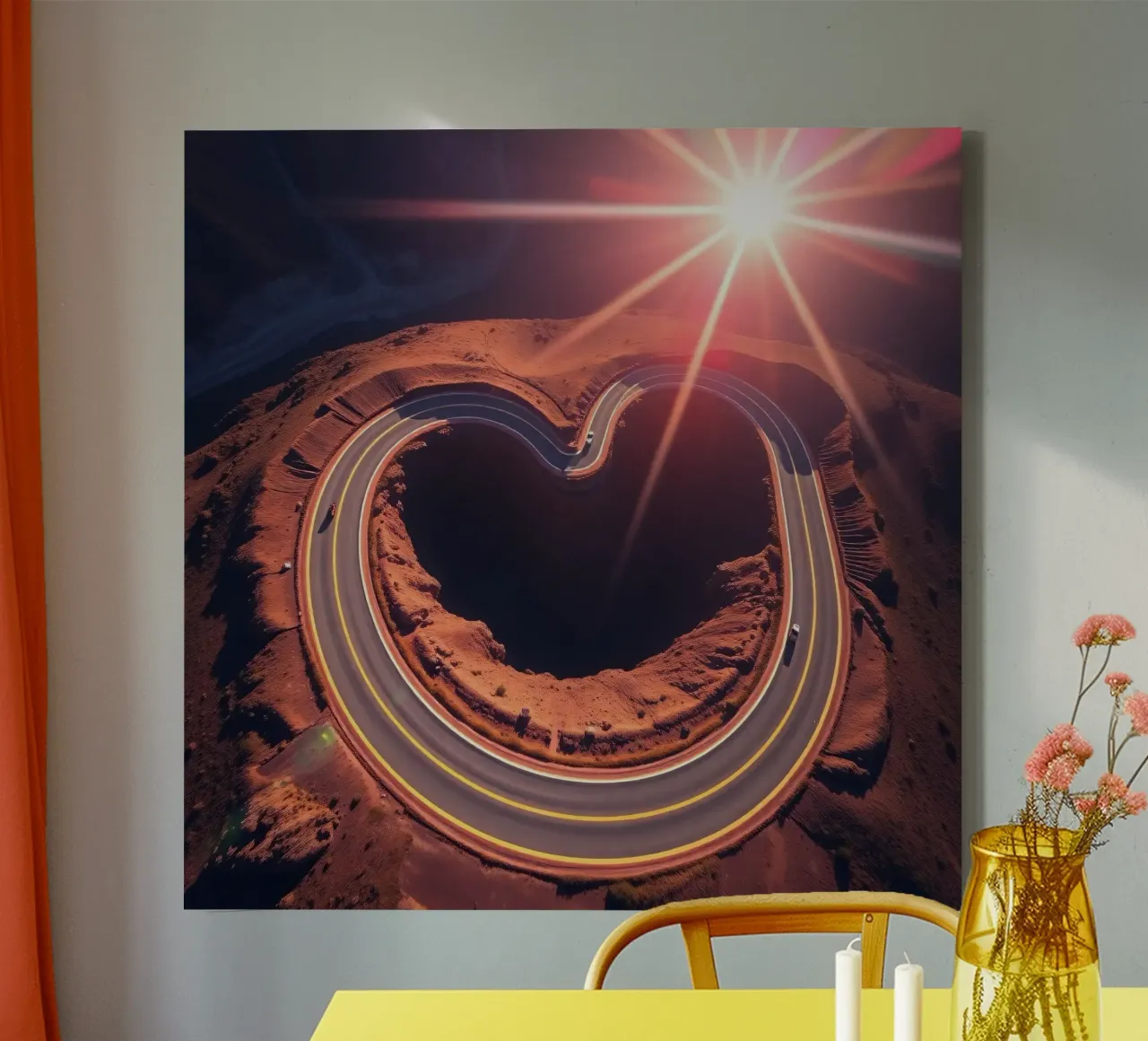 Strada panoramica e tortuosa a forma di cuore sotto un sole splendente tela con Cornice a cassetta da DesignDoodle