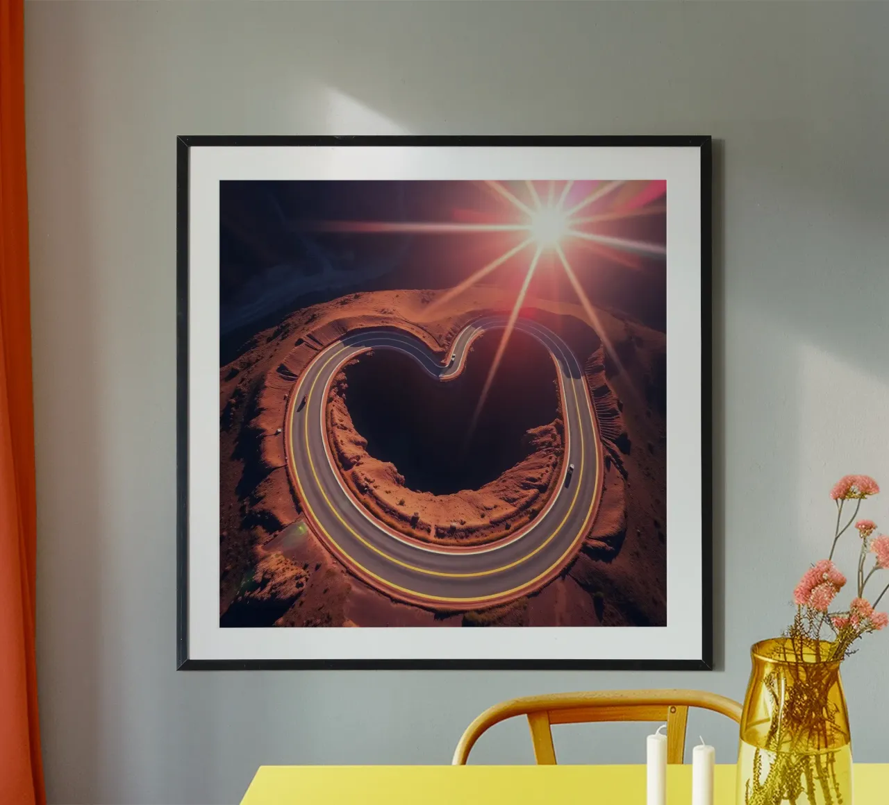Strada panoramica e tortuosa a forma di cuore sotto un sole splendente poster con telaio in plastica da DesignDoodle