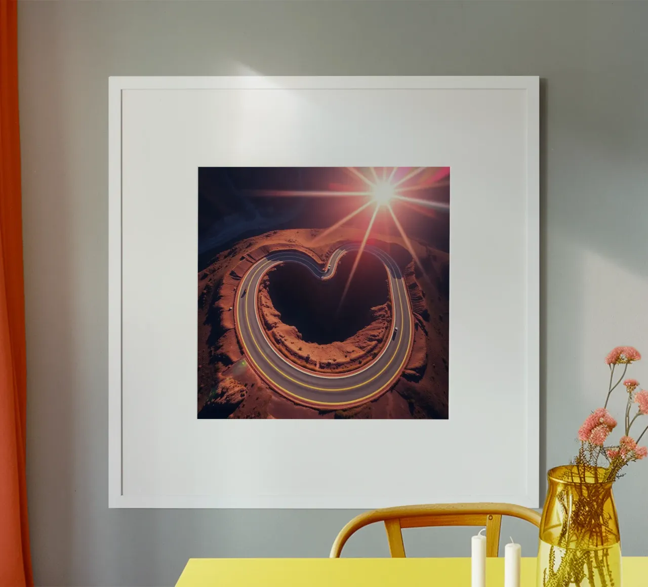 Strada panoramica e tortuosa a forma di cuore sotto un sole splendente poster con telaio in plastica da DesignDoodle