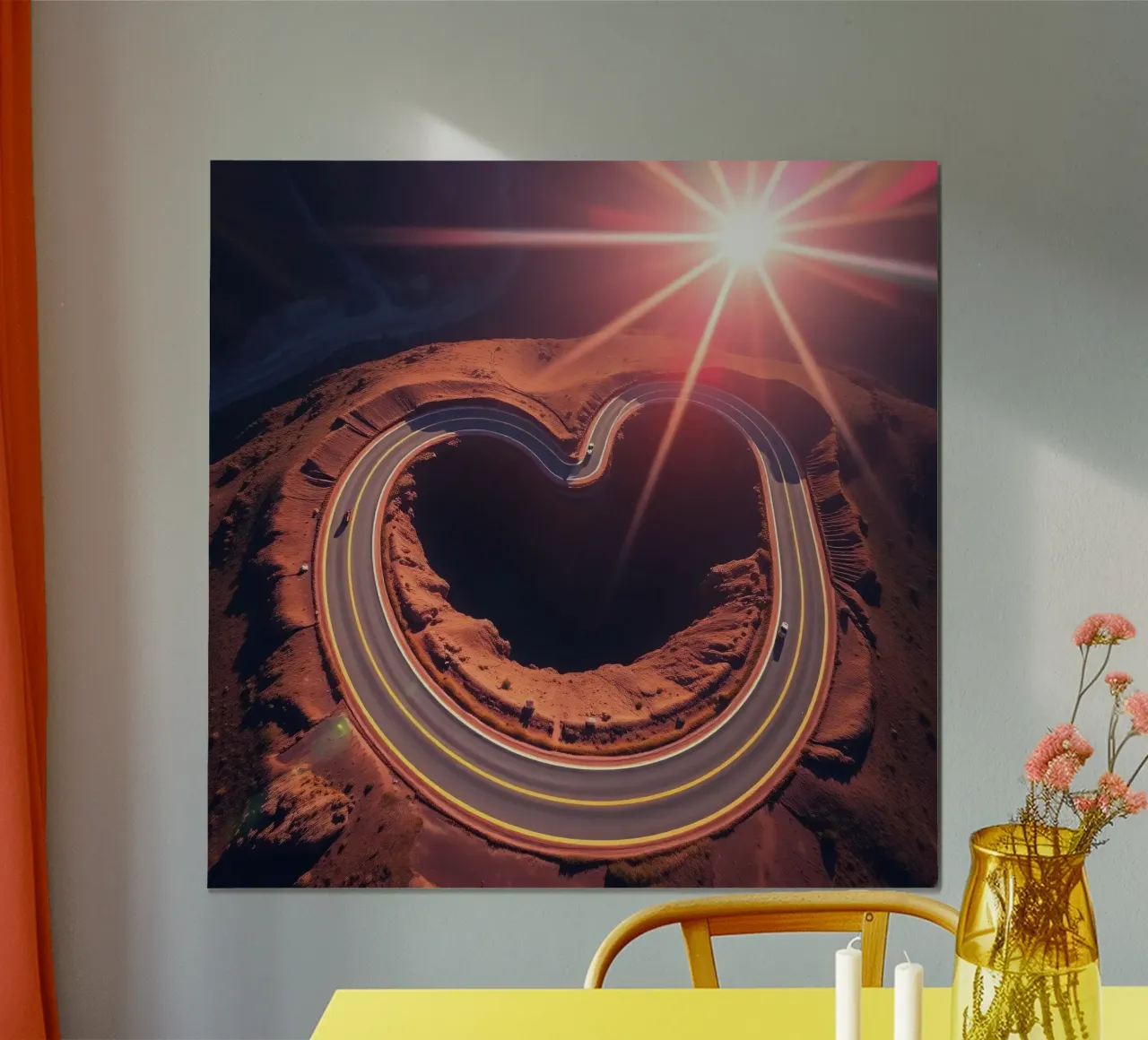 Strada panoramica e tortuosa a forma di cuore sotto un sole splendente poster con telaio in plastica da DesignDoodle