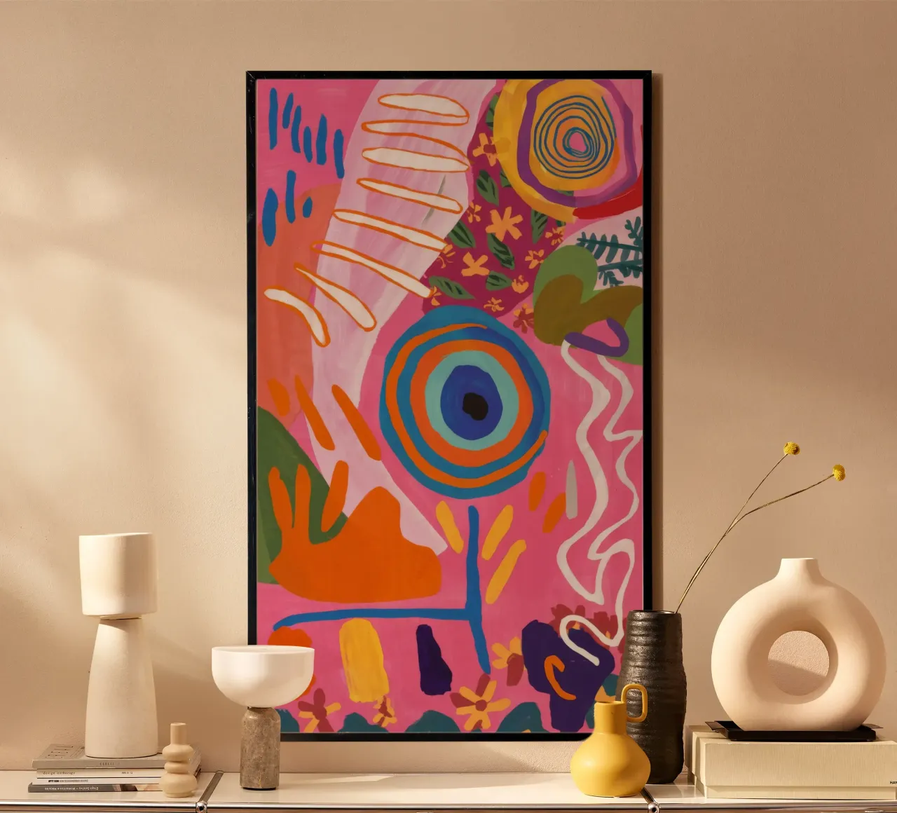 Fiore dell'occhio cosmico poster con telaio in legno da Zep Layers