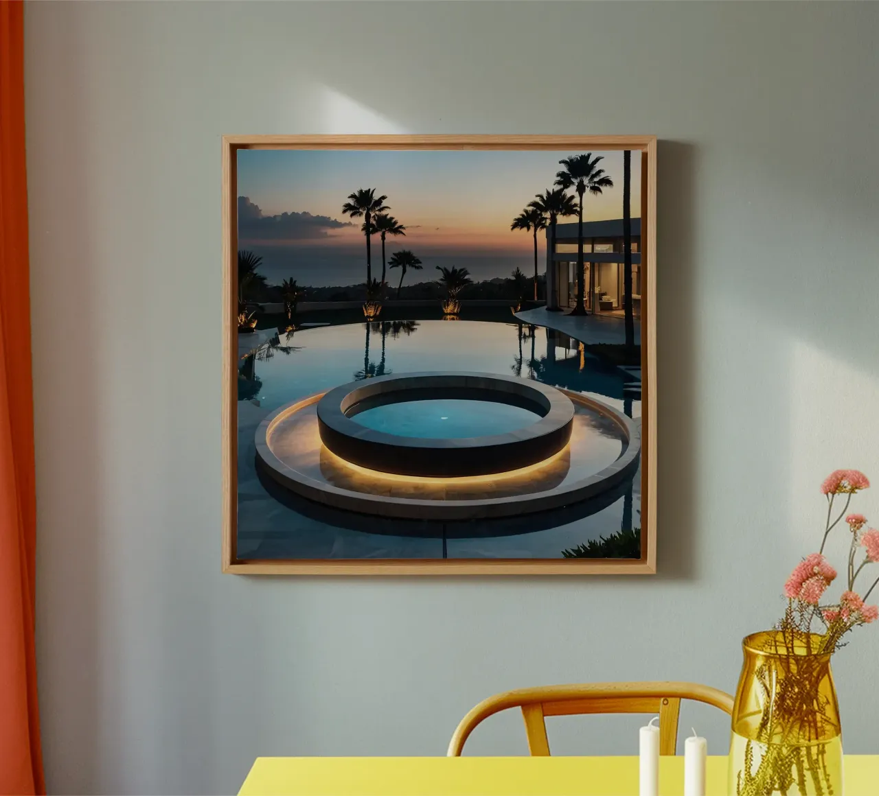 Relaxing evening at a luxurious poolside retreat with sunset canvas with Floater frame by DesignDoodle